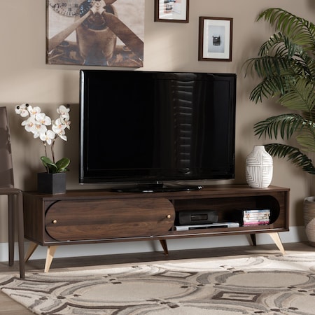Dena Mid-Century Walnut Brown Wood And Gold Finished TV Stand